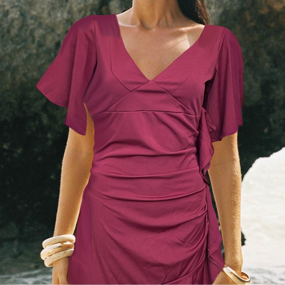NWT, Asymmetrical Ruched n’Ruffle Plum Dress